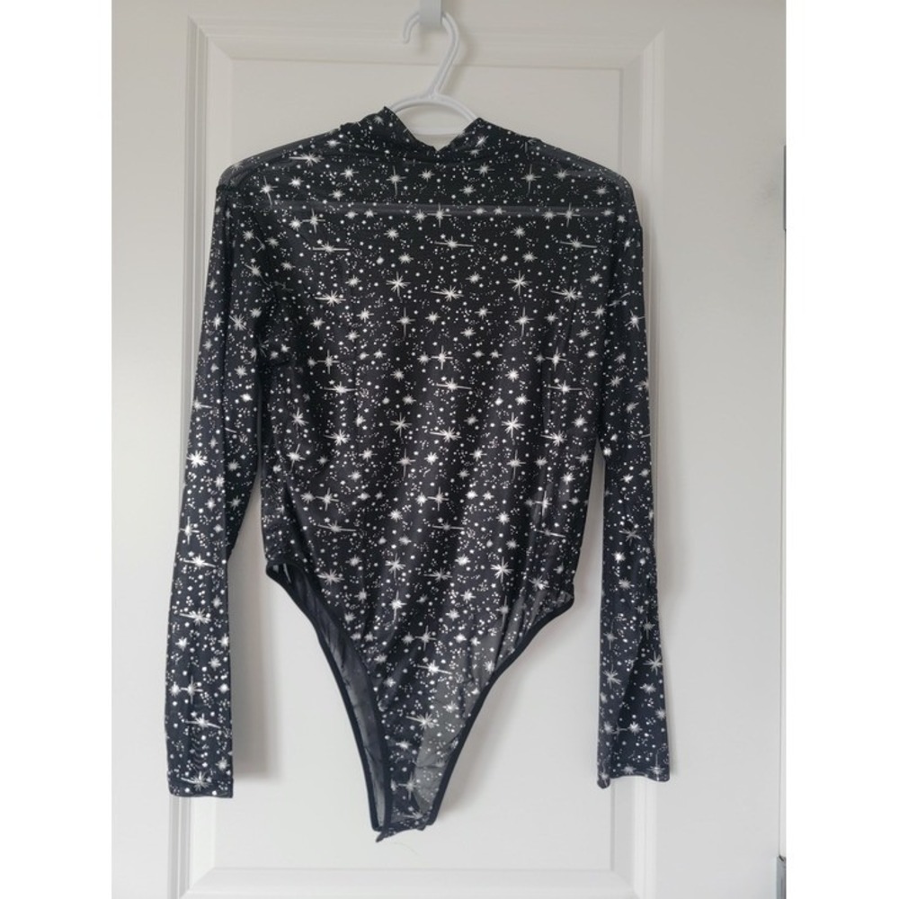 AvidLove‎ Black Star Print Mesh Long Sleeve Bodysuit